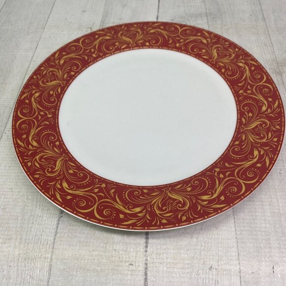 Chris Madden JC Penny MONTALIRA RED Gold Scroll Porcelain Dinner Plate Set 4 - Picture 4 of 16